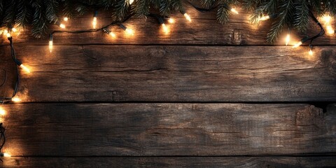 Aufkleber - Christmas background featuring Christmas lights on aged wooden planks.