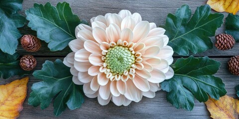 Sticker - Top view of a lovely chrysanthemum flower with green leaves and wafer cones on a wooden surface.