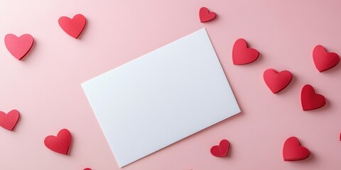 Aufkleber - Mock-up of a white blank card on a light pink background featuring hearts, humorous desktop for Valentine's Day.