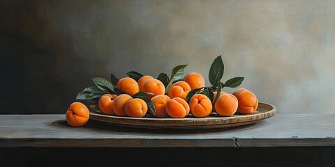Poster - Apricots placed on a wooden plate on a table.