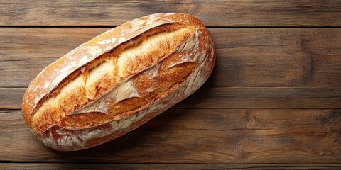 Aufkleber - Crispy loaf bread on a wooden table with copy space, top view.