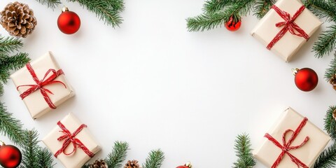 Aufkleber - Christmas arrangement. Presents, fir tree branches, red ornaments on a white background. Christmas, winter, New Year idea. Flat lay, top view, copyspace.