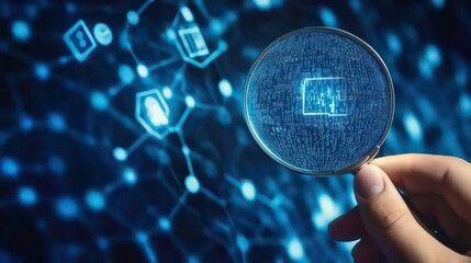 Wall Mural - a hand holding a magnifying glass revealing a folder icon within a complex digital network.