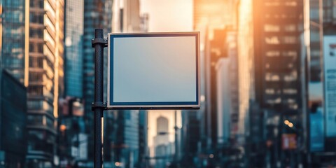 Poster - Empty sign set against an urban backdrop, cityscape.