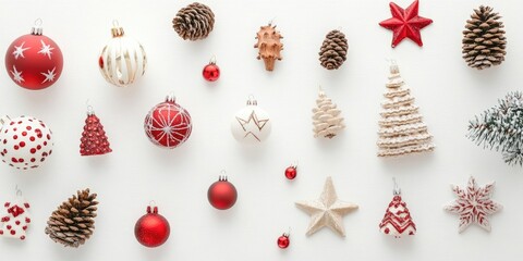Poster - Collection of different Christmas decorations on a white background. Top view, flat lay, copyspace.