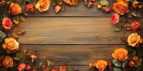 Poster - Tea roses and orange flowers on a brown vintage wooden plank backdrop for a wedding, greeting, and invitation card.