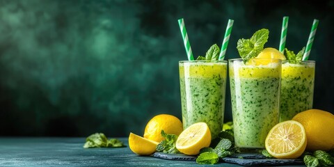 Aufkleber - Smoothies, a blend of lemon, delicious and nutritious beverage, green drink, copy space, idea, diet, detox, wellness.