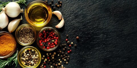 Poster - Selection of cooking spices for dinner - garlic, onions, red, black, and white pepper, rosemary, flavored oil, on a black table, top view, copy space.