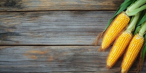 Aufkleber - Corns or Maizes Isolated on a Wooden Background with Copy Space for Text in a Horizontal Layout, Ideal for Wallpaper.