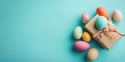 Aufkleber - Easter treats: Vibrantly colored eggs in a joyful arrangement alongside a gift box. Flat lay with card copyspace.