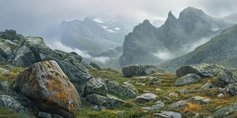 Poster - High mountain landscape featuring granitic rocks with lichens in the foreground and a dense fog bank shrouding the mountains in the background, vertical.