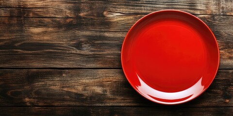 Poster - Top view of a vacant red plate on a wooden surface. Blank area for your design.
