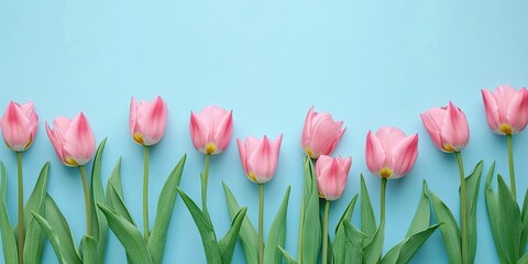 Aufkleber - A lovely arrangement of pink tulips on a blue background. Top view, holiday greeting card, flat lay. Website banner.