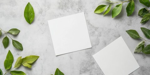 Poster - Arrangement of leaves and white watercolor paper sheets on a gray concrete surface. Tree branches with leaves and blank cards. Nature mockup, ecology poster. Top view, flat lay, close-up, copy space.