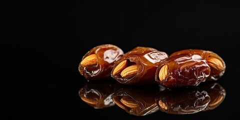 Poster - Dates filled with almonds, isolated against a black background. Selective focus.