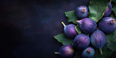 Poster - Ripe figs. Nutritious Mediterranean fig fruit. Fresh figs set against a dark backdrop. Attractive blue violet figs with leaves, copyspace, closeup.