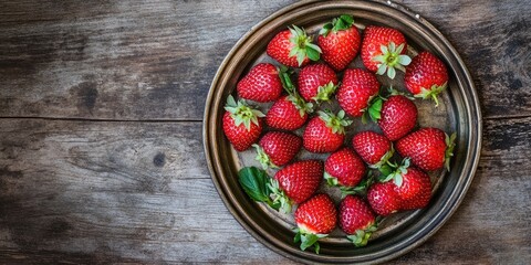 Poster - Fresh strawberries on a round metal tray placed on a wooden table.