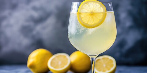 Aufkleber - Lemonade served in a wineglass, topped with a slice of fresh lemon, set against a grey background with highlights.