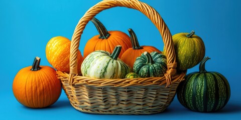 Poster - Creative fall food concept featuring vegetables. A basket contains various types of pumpkins set against a blue background. Pumpkins on a blue backdrop. Autumn vegetables.