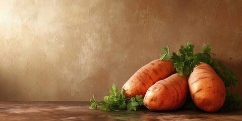 Poster - Fresh sweet potato against a brown background.
