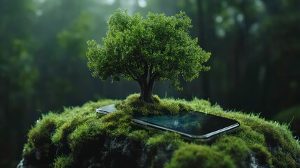 Wall Mural - a small tree grows on a smartphone in a lush green forest, symbolizing the connection between nature