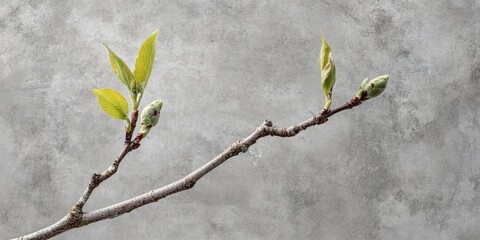 Poster - Tree branch with a bud and an emerging green leaf shoot. Gray abstract background.