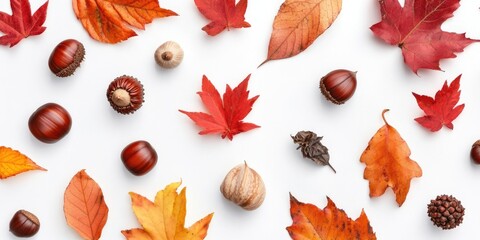 Poster - Autumn leaves, chestnuts, and acorns on a white background.