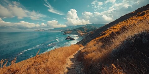 Poster - Scenic coastline and steep mountain slope beneath a cloudy blue sky with copy space. A rough landscape featuring plants on a cliff by the ocean and hiking trails to explore in the rocky terrain.