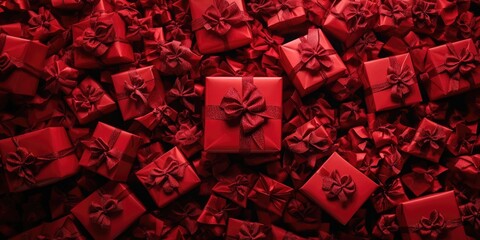 Aufkleber - Love Concept. Aerial view of red gift boxes featuring bows.