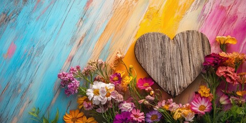 Aufkleber - Lovely flowers and a wooden heart against a colorful background.