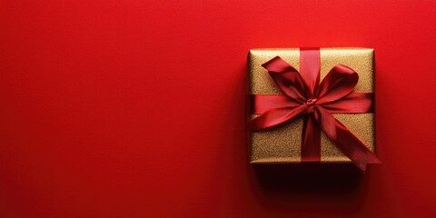 Poster - A small gold present with a red ribbon resting on a red background.