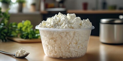 Aufkleber - Close-up of white cottage cheese in a plastic container alongside a teaspoon on a kitchen table background. Concept of food, diet, and healthy nutrition. Studio shot.
