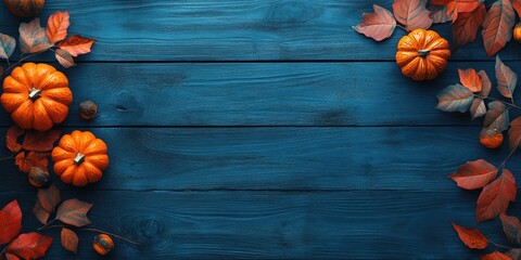 Poster - Distressed blue wooden background featuring pumpkins and leaves, with area for text overlay.