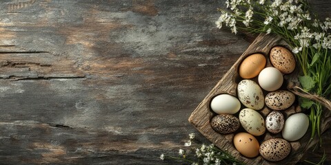 Aufkleber - Tulis and eggs on a rustic wooden board as an Easter card idea with copyspace.