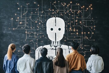 Aufkleber - A group gathers to explore the features of an abstract AI system displayed on a wall at an educational workshop. Generative AI