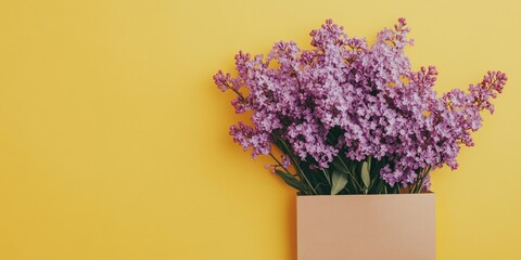 Aufkleber - Sprigs of lilac in a postal envelope on a yellow background. copyspace. spring vibe. International Women's Day. the freshness of flowers.