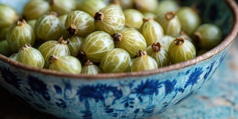 Canvas Print - Macro perspective of gooseberries in a bowl, text