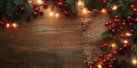 Poster - A Christmas backdrop featuring a burlap decoration with berries on a wooden surface, adorned with Christmas lights and copy space.