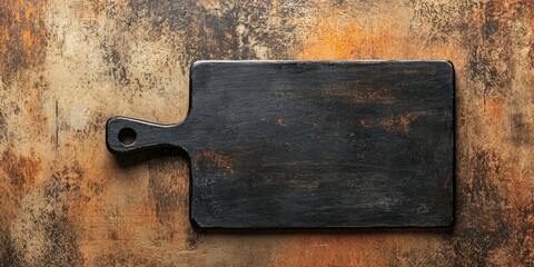 Poster - top view of a black cutting board on a brown table