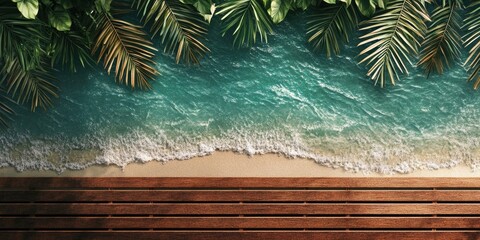 Poster - Vacation backdrop. Wooden slats with palm leaves on the shore.