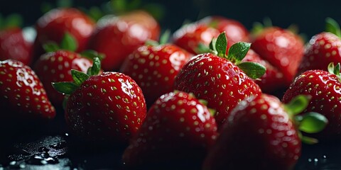 Poster - Close-up of fresh strawberries set against a dark background for use in various media.