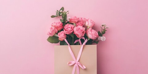 Poster - Gift bag with a bouquet of pink roses and a gift box against a pastel pink background, providing space for text. Flat lay, top view, suitable for birthday, Mother's Day, or St. Valentine's.