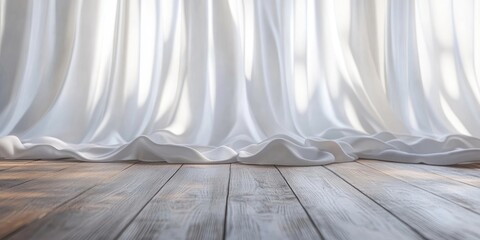 Aufkleber - Empty wooden floor with elegant wavy white satin cloth curtains, out of focus in the background, serving as a product placement backdrop.