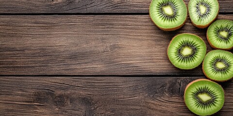 Poster - Close-up and top view image of fresh kiwi fruit with a slice on a wooden background with copyspace.