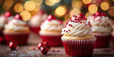 Aufkleber - Christmas treats. Cupcakes with a bokeh background. Cake. Festive sweets.