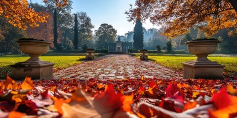 Poster - Fallen maple leaves in the Italian gardens during autumn.