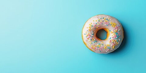 Poster - glazed donut for dessert displayed on a blue background flat lay mock up