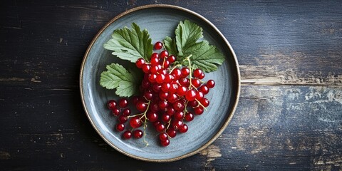 Poster - Fresh red currants on a plate set on a dark wooden table.