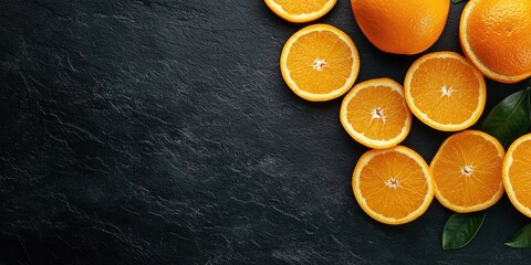 Poster - Sliced oranges on a black background. Fresh fruit. Copyspace.