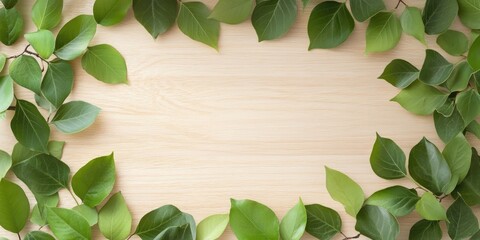 Leinwandbilder - Frame crafted from green leaf branches on a soft wood backdrop. Flat lay, top view. Copy space.